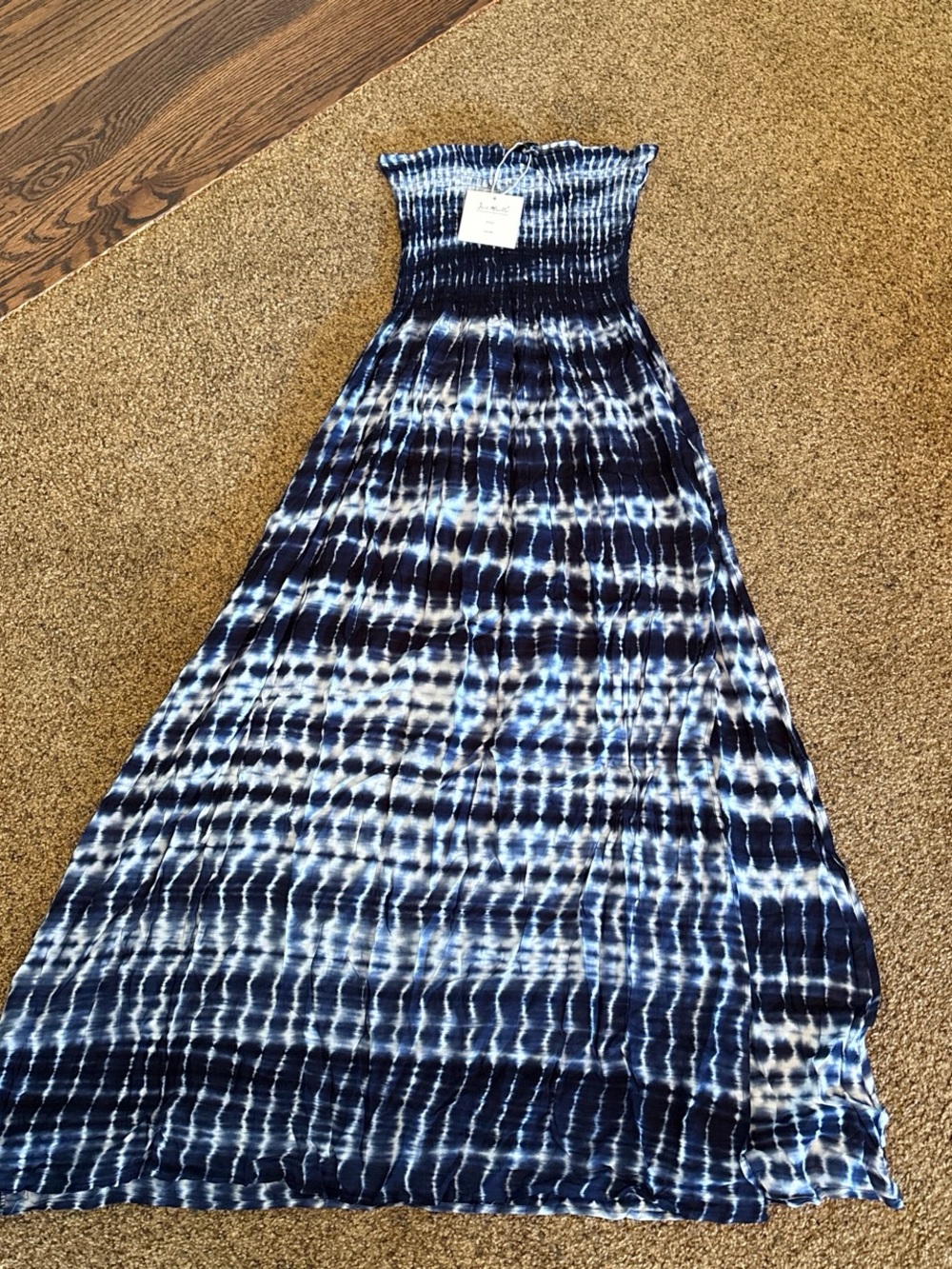 Smocked Strapless Tie-Dye Maxi Dress in Navy and White